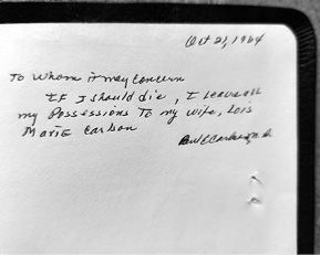 Handwritten inscription dated Oct. 21, 1964, leaving Paul Carlson's possessions to his wife, Lois Marie Carlson