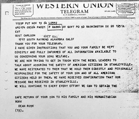 1964 Western Union telegram from Dean Rusk to Gust Carlson about efforts to secure his son's safe return